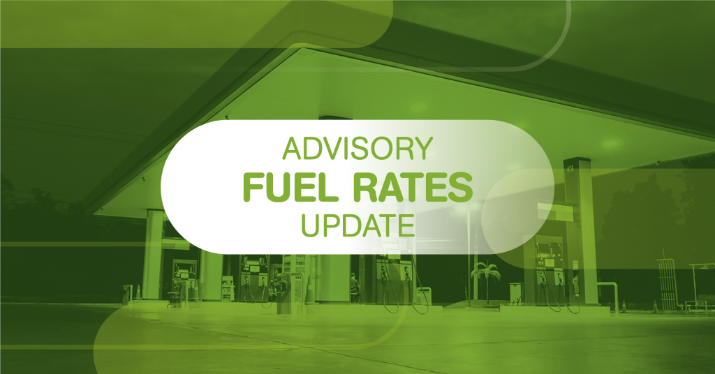 Petrol station with overlay reading 'advisory fuel rates update'